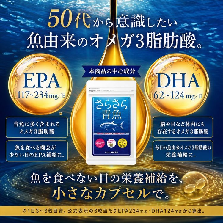 50代から意識したい魚由来のオメガ3脂肪酸。1日あたりEPA117〜234mg、DHA62〜124mg