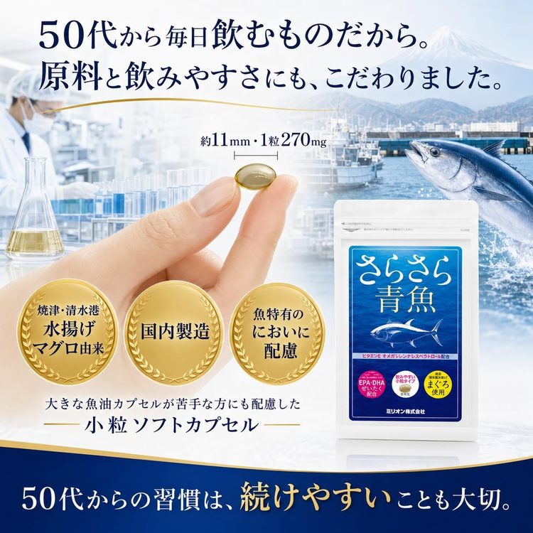 50代から毎日飲むものだから、原料と飲みやすさにもこだわりました。焼津・清水港水揚げマグロ由来、約11mmの小粒