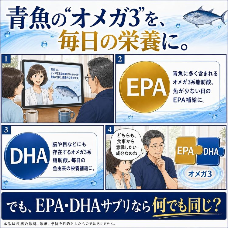 マンガ3：青魚のオメガ3を、毎日の栄養に。でも、EPA・DHAサプリなら何でも同じ？